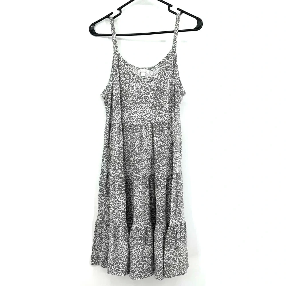 Garnet Hill size small sleeveless tiered dress white gray leopard print cotton